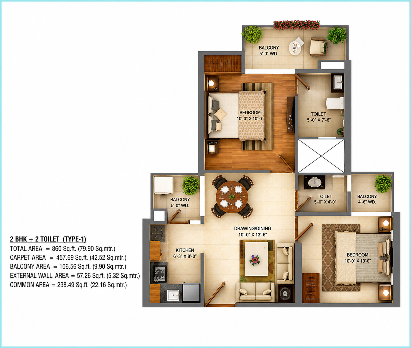 2 BHK + 2T